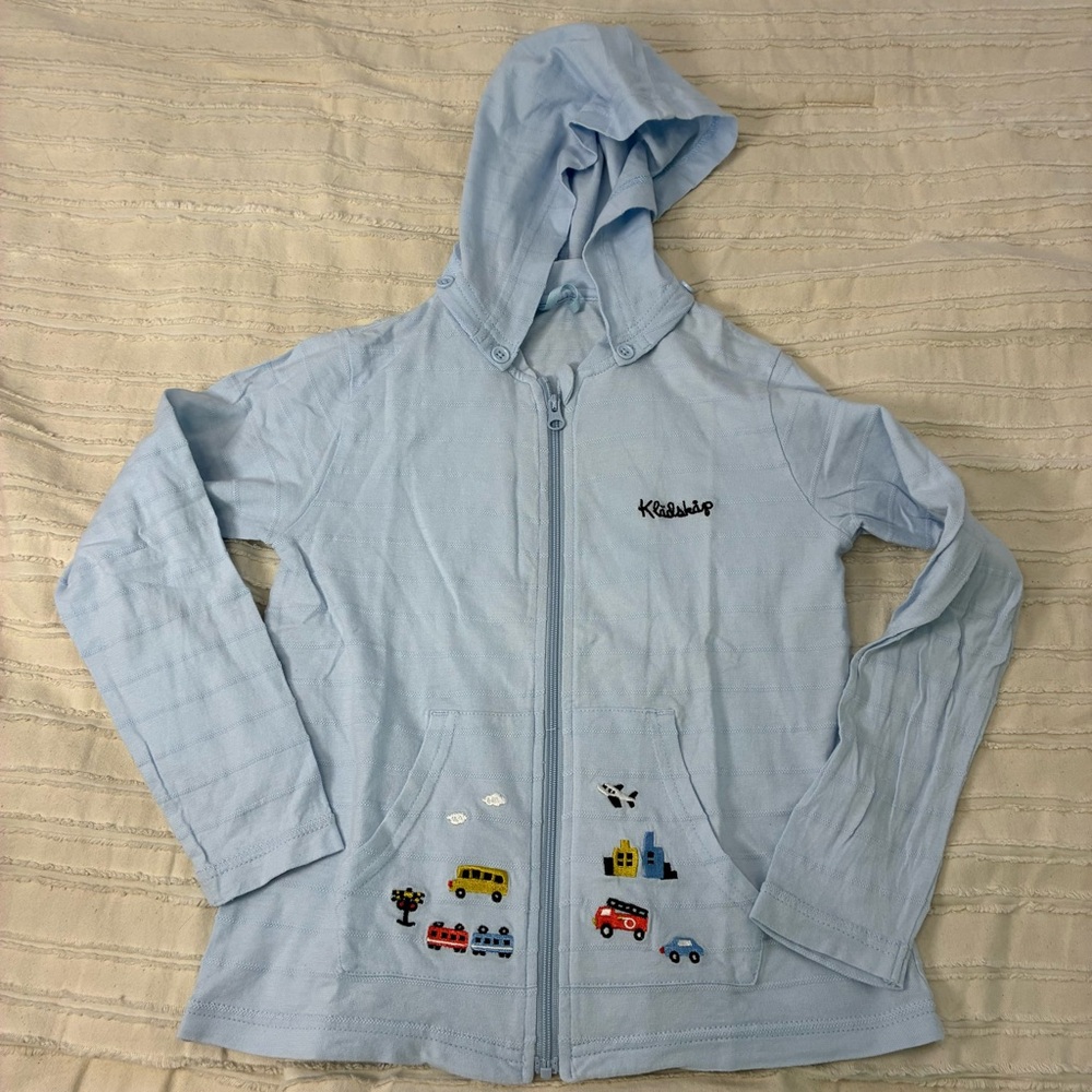 Light Blue Kids' Hooded Zip Jacket style shirt with Vehicle Embroidery. Size S